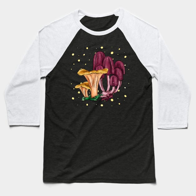 Yellow chanterelle and purple mushrooms, bright forest Baseball T-Shirt by NadiaChevrel